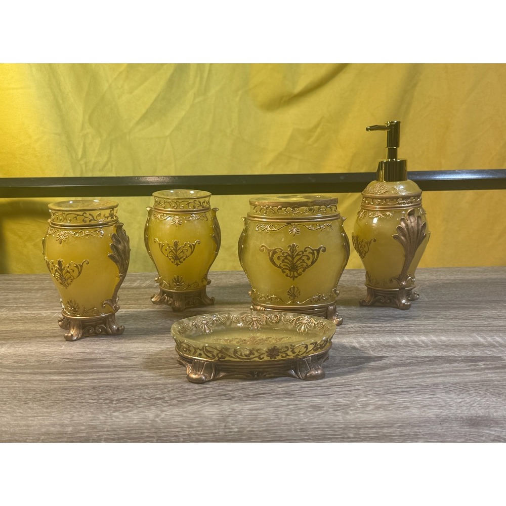 LUANT 5pc Bathroom Accessories Set Golden Yellow Ornate Victorian Resin Vanity